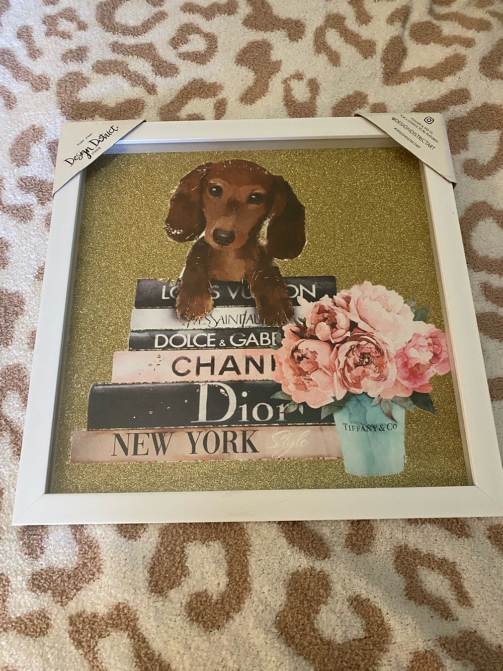 Fashion Stack & Floral Dog Wall Art - Gold Glitter Background